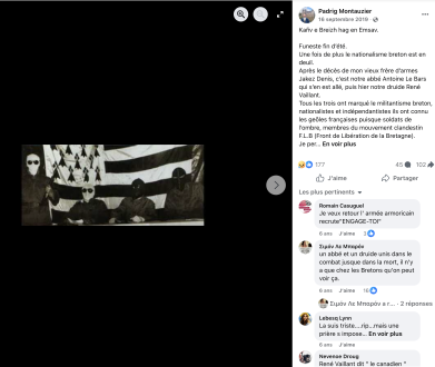 Hommage à Jakez Denis, Abbé Antoine Le Bars et René Vaillant, anciens membres du Front de Libération de la Bretagne.